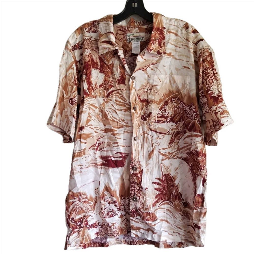 Pataloha Patagonia Hawaiian Shirt Short Sleeve Sepia Tone Button Down Size Large